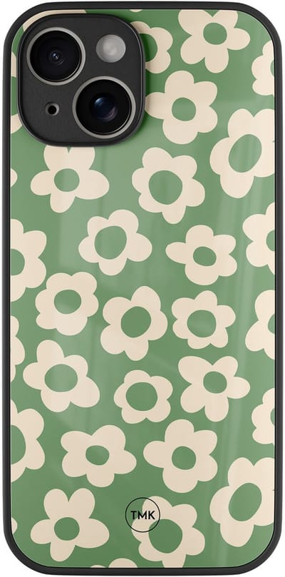 Hoesje geschikt voor Apple iPhone 14 - Retro cute flowers - Groen - TPU luxe case (glossy toplaag) - Bloemen - Hardcase backcover zwart