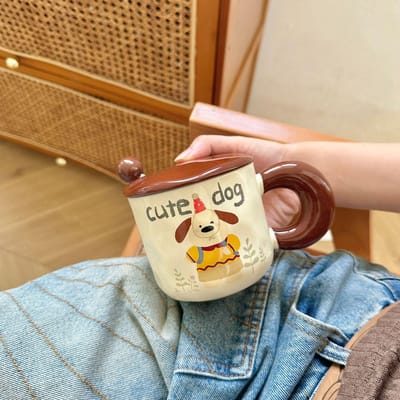 Schattige Puppy Mok met Deksel Lepel Hoog Uitziende Waterbeker voor Mannen en Vrouwen Thuis Creatieve Keramische Beker Souvenir Cadeau 301-400ml