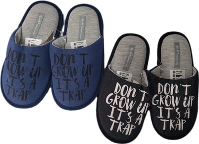Unisex Instap Pantoffels - Sloffen - Set van 2 Paar - Merk Apollo - Rubberen Profiel zool - Anti slip - Kleur Blauw en Grijs - Tekst - Maat 31/32