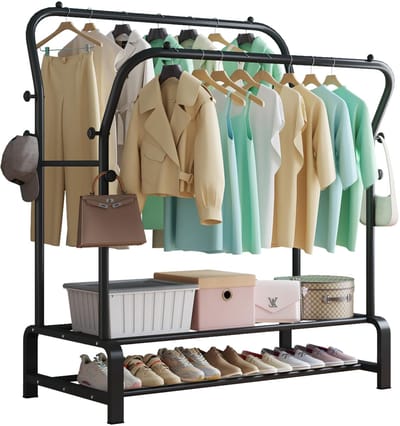 Unyqoos ® Kledingrek met Dubbele Stang en Schoenenrekken voor Optimaal Opbergen van Kleding en Accessoires