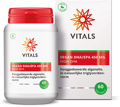 Vitals Vegan DHA/EPA 450 mg - 60 vegan softgels - omega 3. Hooggedoseerde algenolie in natuurlijke triglyceridenvorm.