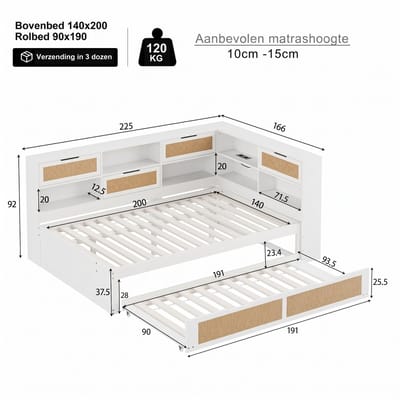 VVBV Uitschuifbare Slaapbank 140x200 cm met Uitschuifbed, Voor Kinderen/Tieners - Planken - Hout Wit