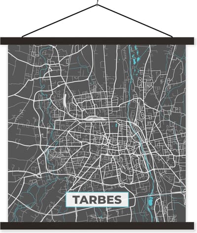 Posterhanger incl. Poster 60x60 cm - Schoolplaat - Plattegrond - Tarbes - Frankrijk - Kaart - Stadskaart - Textielposter - Zwarte latten - Stadskaart