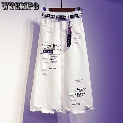Lente en Herfst Grote Maat Gat Wit Denim Rok Halve Rok Vrouwen Bontrand Lange Versie Eén Stap Rok XXXL gray
