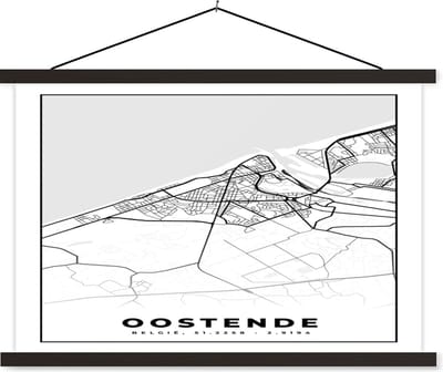 Posterhanger incl. Poster 60x40 cm - Schoolplaat - Stadskaart – Plattegrond – België – Zwart Wit – Oostende – Kaart - Textielposter - Zwarte latten - Stadskaart