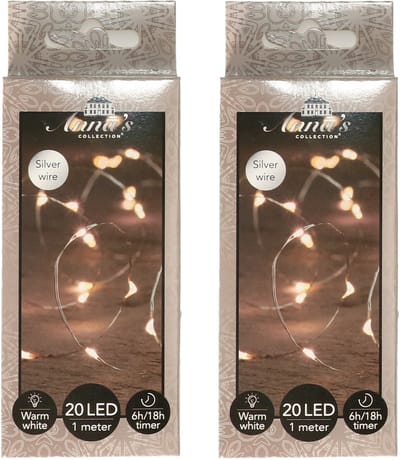 Anna's Collection Draadverlichting lichtsnoer - 2x - 20 led lampjes - warm wit - zilver draad - 100 cm - lichtdraad - kerstverlichting