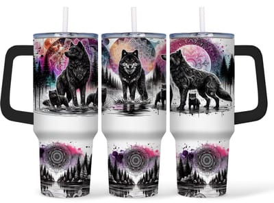 Creasowl® RVS Wolven Tumbler 1.2L – Dubbelwandige Thermosbeker met Handvat & Rietje – Warm & Koud – Herbruikbare Drinkfles – Outdoor & To-Go Beker