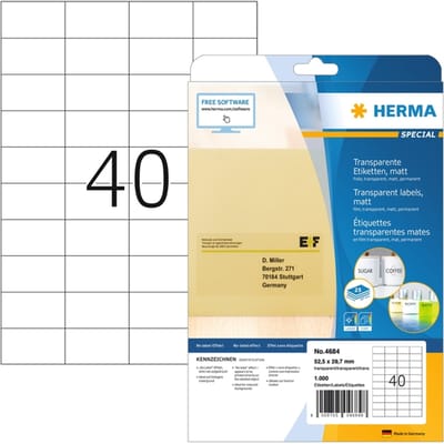 Folielabels HERMA 4684, permanent klevend, zelfklevend, bedrukbaar, no-label effect, B 52,5 x H 29,7 mm, transparant, 1000 stuks/25 vellen