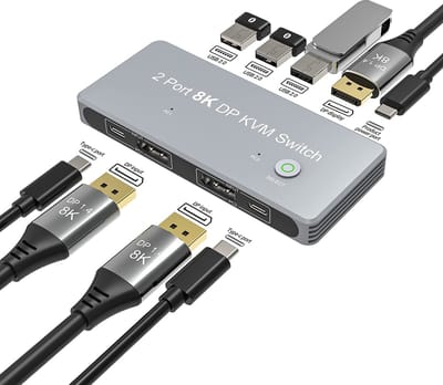 NÖRDIC Displayport KVM Switch - 2 PC's naar 1 Monitor - USB-C, Displayport, USB2.0 - 8K60Hz - Grijs