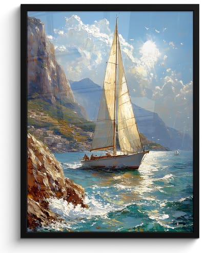Poster in lijst - Fotolijst 50x70 cm - Posters - Zeilschip - Zee - Rotsen - Wolken - Posterlijst zwart - Decoratie - Wanddecoratie woonkamer - Muurdecoratie slaapkamer