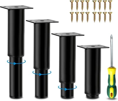 4x Verstelbare Meubelpoten Set - In Hoogte Verstelbaar Rond Zwart Staal voor Bank, Kast en Tafel