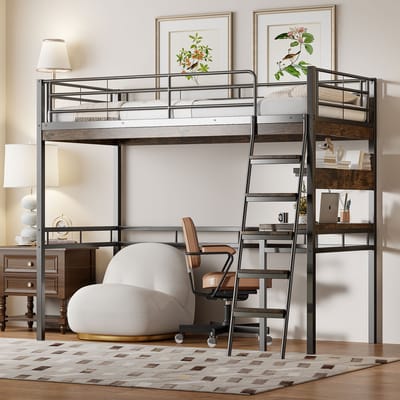 Hoogslaper - 90x200 cm - Met Bureau en Opbergrekken - Met Ladder en Reling - Metaal - Zwart