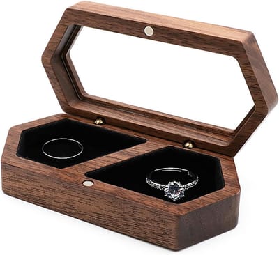 Houten Dubbel Ringendoosje 12 × 5 × 4 cm - Sieradendoosje voor Twee Ringen - Geschikt voor Verloving Aanzoek Trouwceremonie Valentijnsdag Kerst - Romantisch Cadeau voor Vrouwen - Zwarte Houten Ringhouder met Fijne Snijwerk