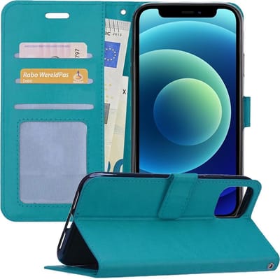 Hoesje - Geschikt voor Apple iPhone 12 - Luxe Bookcase - Walletcase Hoes - Portemonnee - Cover - Telefoonhoes - Turquoise