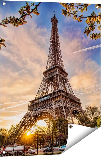 Gards Tuinposter Eiffeltoren in Parijs tijdens Zonsondergang - 60x80 cm - Tuindoek - Tuindecoratie - Wanddecoratie buiten - Tuinschilderij