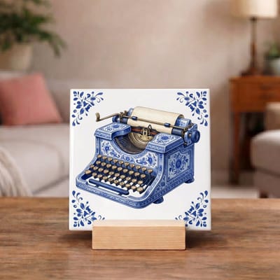 Delftsblauw Tegeltje 11x11 Typemachine – Vintage Schrijfmachine Decoratie en Origineel Cadeau