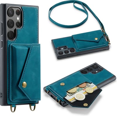 Casemania Hoesje Geschikt voor Samsung Galaxy S23 Ultra - Emerald Green - Luxe Backcover met Koord en Magnetische Sluiting - Portemonnee Wallet Case met Pasjeshouder en Opbergvak - Lanyard Telefoonhoes - Cord Case