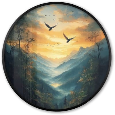 Poster in lijst Rond - Fotolijst 60x60 cm - Posters - Vogels - Zon - Bomen - Groen - Ronde posterlijst zwart - Decoratie - Wanddecoratie woonkamer - Muurdecoratie slaapkamer