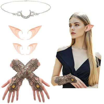 Dailygoods- Cosplay Accessoires Set - Elfenoren/Siliconen - Vintage Kanten Handschoenen - Maan-Hoofdband - Gouden Handschoenen - Unieke Draagervaring - Elfenaccessoires