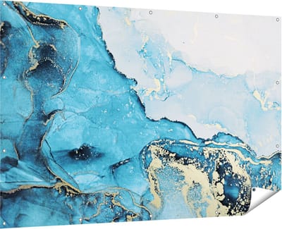 Gards Tuinposter Abstracte Kunst van Blauwe Marmer met Goud - 180x120 cm - Tuindoek - Tuindecoratie - Wanddecoratie buiten - Tuinschilderij