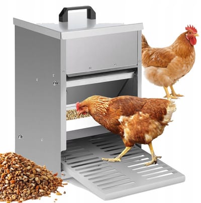 Kippenvoerbak Automatisch met Pedaal - Pluimvee Voederbak - Kippenvoerautomaat - Voerautomaat met Voetpedaal - 42,5x41,5x25,5 cm - Tegen Insecten & Knaagdieren - Voor Kippen & Eenden & Ganzen & Kalkoenen - Zilver