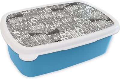 Broodtrommel Blauw - Lunchbox - Brooddoos - Huis - Patronen - Londen - 18x12x6 cm - Kinderen - Jongen