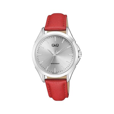 Q&Q C04A-022PY - Horloge - Analoog - Unisex - Leren band - Rond - Metaal - Streepjes - Rood - Zilverkleurig