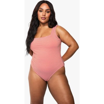 boohoo Dames Plus Seersucker Streep Scoop Neck Badpak | Rood | Maat: 54