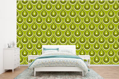 Behang - Fotobehang Patronen - Retro - Regen - Druppel - Groen - Breedte 320 cm x hoogte 240 cm