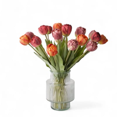 WinQ-Kunsttulpen in een boeket in diverse warme kleuren-21 Tulpen-Rood, Oranje, mauve-Zijden bloemen