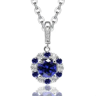 925 Zilveren Halo Ketting voor Dames – Blauwe Steen – Luxe Glans – Elegant Rond Design – Tijdloos Sieraad