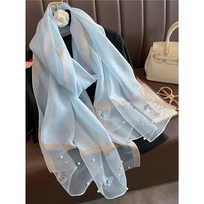 Mode Bloemenontwerp Borduurwerk Zijden Sjaal Dames Hijab Vrouwelijke Foulard Pashmina Lange Strand Stola Sjaal Wikkel Sjaals Bandana 75x190cm white