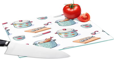 Glazen Snijplank - 28x20 - Patronen - Koken - Eten - Vis - Pan - Snijplanken Glas