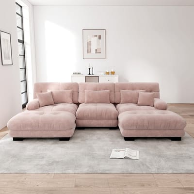 BLACKCOLORS Luxe modulaire hoekbank - Oversized U-vormige Cloud-bank voor woonkamer, diepe slaapbank met voetenbank, roze chenille