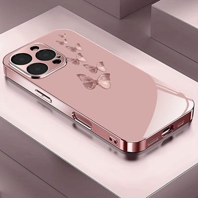 Roze Vlinderpatroon Roze Metallic Gehard Glas Telefoonhoesje Voor iPhone 17 16 15 14 13 12 11 Pro Max 15 Plus 17 Air 16E Cover iPhone 16 Pro