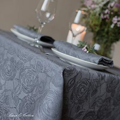 Luxe Jacquard Tafelkleed met Bloemenpatroon - 100% Linnen, Roze Grijs (147 x 220 cm)