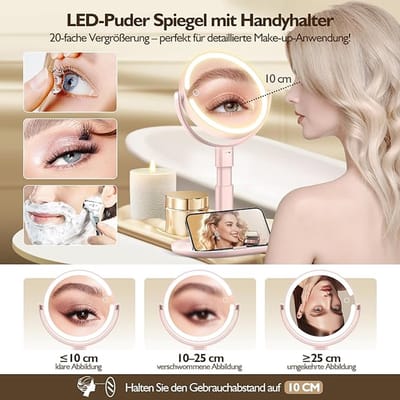 Make-upspiegel met verlichting, 7 inch, in hoogte verstelbare make-upspiegel met verlichting, 30-voudige vergroting voor slaapkamer en badkamer, dubbelzijdig 3 kleuren, 64 leds, lichtroze