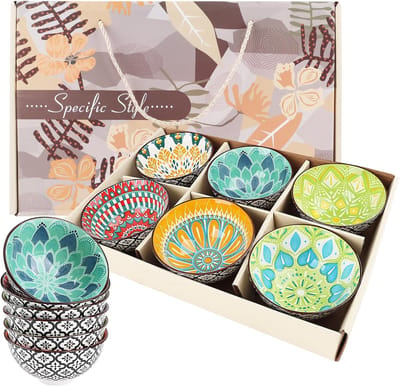 Set van 6 Handgemaakte Keramische Serveerschalen in Bohemian Stijl - Kleurige Dipschalen van 300ml, Diameter 12 cm, Ideaal voor Tapas, Snacks en Desserts