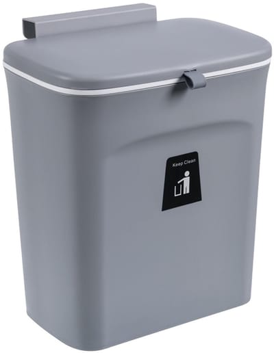 Dailygoods - Afvalemmer om op te hangen, 9 l, keuken met lekvrij deksel, hangende compostbak voor onderkast/kast, grijs, compact design voor kantoor/badkamer (grijs)