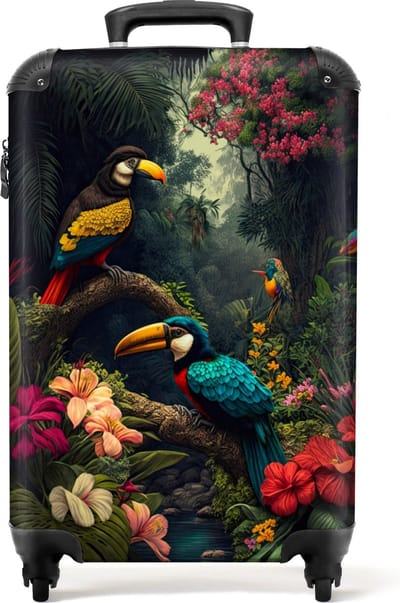 NoBoringSuitcases.com - Koffer - Vogel - Bloemen - Planten - Jungle - Reiskoffer - Trolley op wieltjes - TSA slot - Kofferslot - Past binnen 55x40x20 cm en 55x35x25 cm - Koffertje - Handbagage koffer - Hardcase koffer - Lichtgewicht