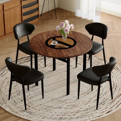 MODENUIT Eettafelset 100 cm - Ronde Tafel Met Glasinleg En 4 Stoelen - Eetkamer En Keuken - MDF PU - Bruin Zwart
