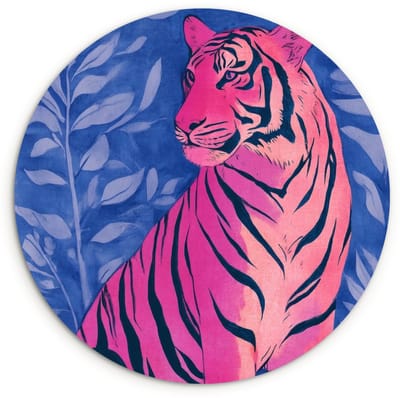 WallCircle® Wandcirkel 120x120 cm - Muurcirkel Tijger - Roze - Bladeren - Jungle - Muurdecoratie woonkamer - Wanddecoratie slaapkamer - Kamer decoratie accessoires - Ronde schilderijen XXL