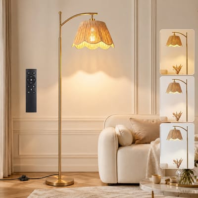 Rosnek Boho Vloerlamp Handgeweven - Rotan Look Staande Lamp met Afstandsbediening - Dimbaar 9W Slimme LED & Timer - Geheugenfunctie - Gevlochten Lampenkap - Voetschakelaar - Bohemian Japandi Interieur - voor Woonkamer Slaapkamer - Goud - 170 cm