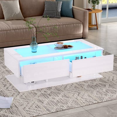 MODENUIT Salontafel - Hoogglans Met Led En 2 Lades - Voor Woonkamer - Spaanplaat En Glas - 100x50x35 Cm - Wit