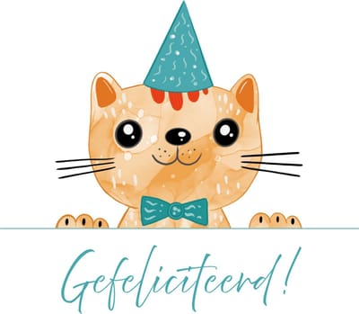 Wenskaart gefeliciteerd poes feesthoed aquarel – 13x13 cm – gevouwen kaart – inclusief witte envelop – stevig papier – verjaardagskaart kind
