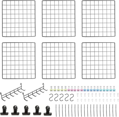 Metalen roosterwandbord 6 stuks inclusief haakrek en clips, zwart