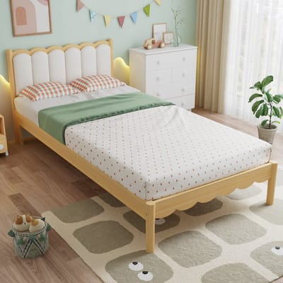 HAUSS SPOLE Kinderbed 90x200 cm - Gestoffeerd Bed Met Golvend Hoofdbord - Stevig Houten Frame Zonder Matras - PU - Beige