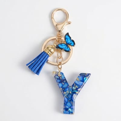 Blauwe letter Y sleutelhanger met kwastje en vlinder – sleutelhanger voor dames – goudkleurige metalen keychain met acryl initiaal Y hanger, decoratieve bedel en tassel