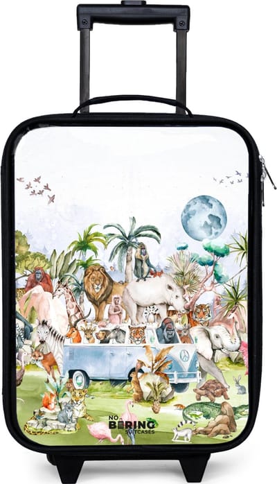 NoBoringSuitcases.com® - Kinderkoffer jongen - Kindertrolley meisje - Busje met allemaal dieren - Koffer kind lichtgewicht - Reiskoffer trolley voor kinderen - Koffertje met lichtgevende wieltjes - Rolkoffer zwart