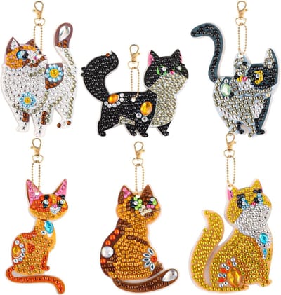 6 Stuks Sleutelhangers met Katten Diamant Schilderij, Dubbelzijdige Rhinestone Sleutelhangers voor 5D DIY Kunst en Ambachten voor Volwassenen en Kinderen
